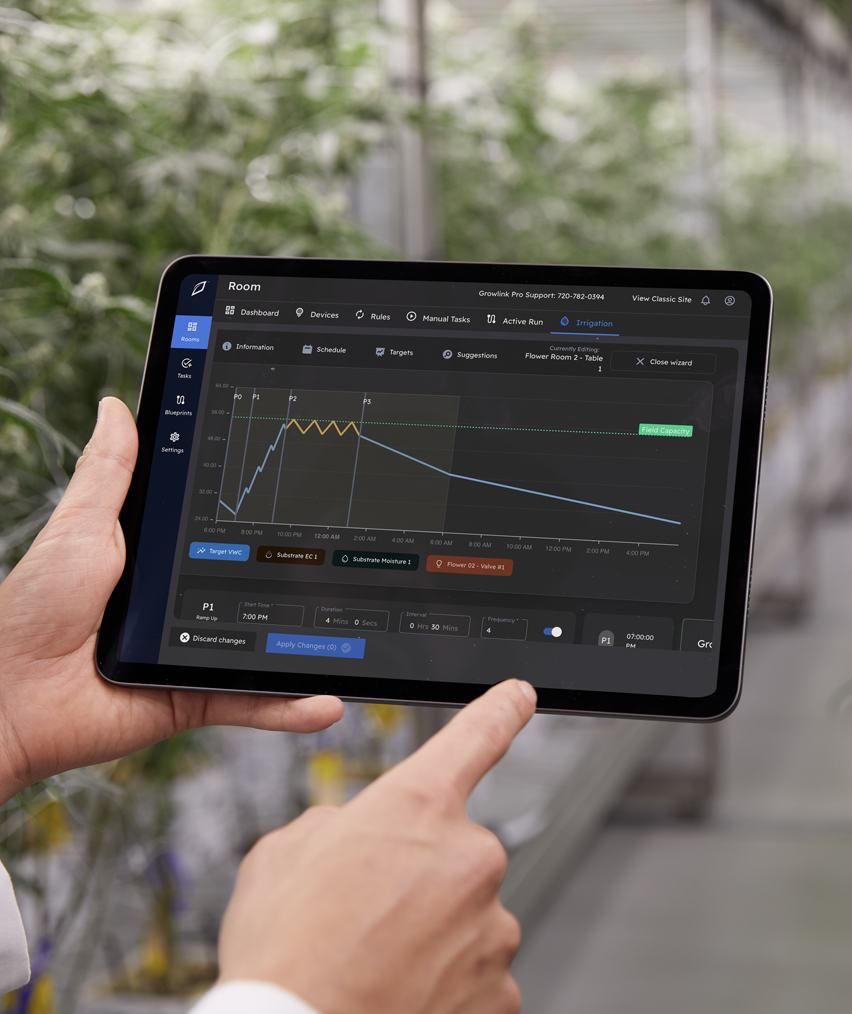 Tablet showing Growlink irrigation interface